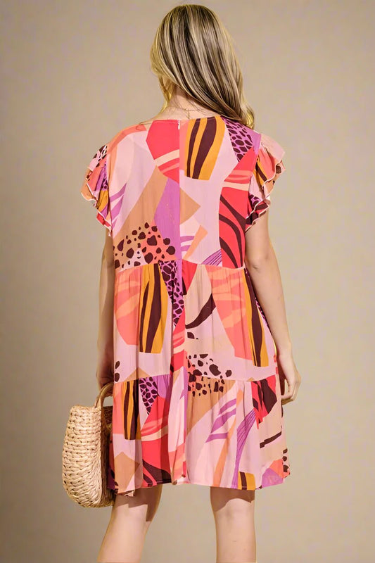 And the Why - Multicolor Abstract Ruffle Sleeve Tiered Mini Dress