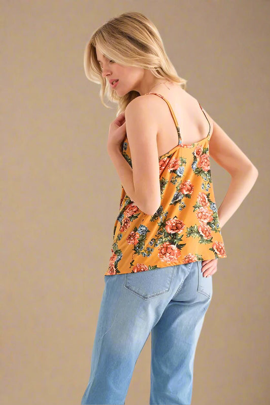 And the Why - Mustard Floral Draped Cowl Neck Cami Top