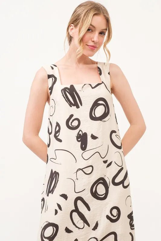 And the Why - Natural Abstract Scribble Print Midi Dress