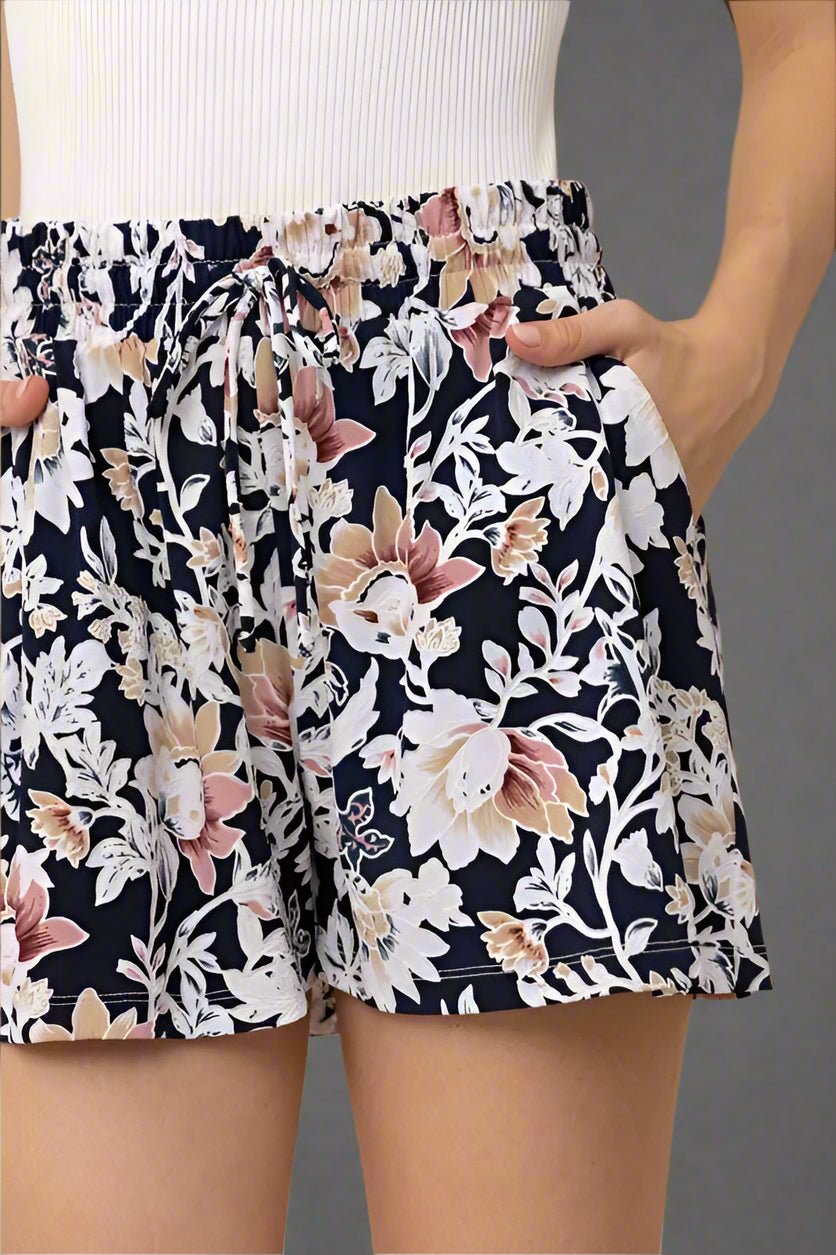 And the Why - Navy Floral Elastic Waist Shorts