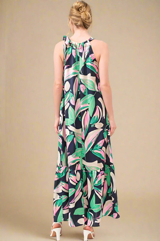 And the Why - Navy Tropical Leaf Print Tie - Shoulder Maxi Dress