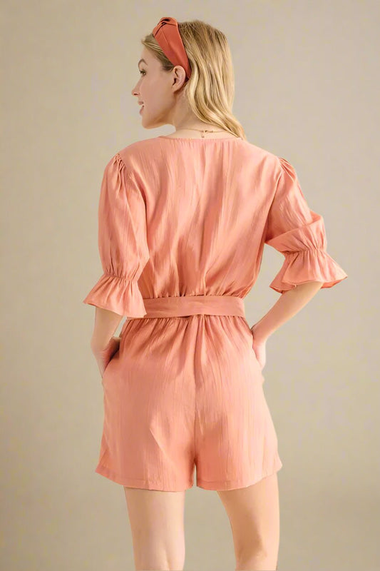 And the Why - Peach Belted Puff Sleeve Romper