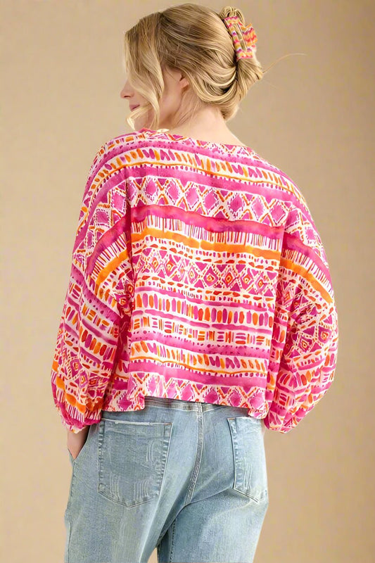 And the Why - Pink Sunset Geo Print Long Sleeve Blouse