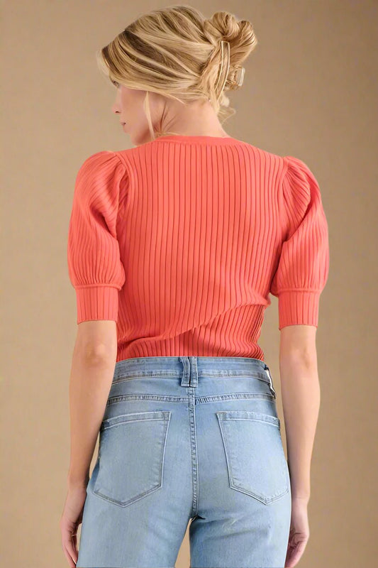 And the Why - Puff Sleeve Rib Knit Bodysuit – Coral Rose