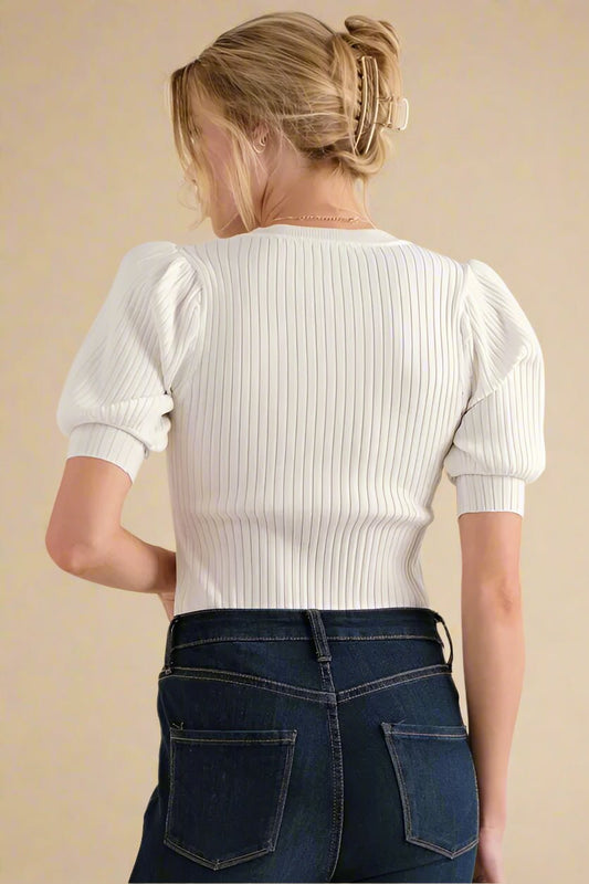 And the Why - Puff Sleeve Rib Knit Bodysuit – White