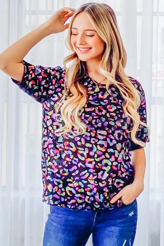 And the Why - Rainbow Leopard Print Knit Tee – Black Multi