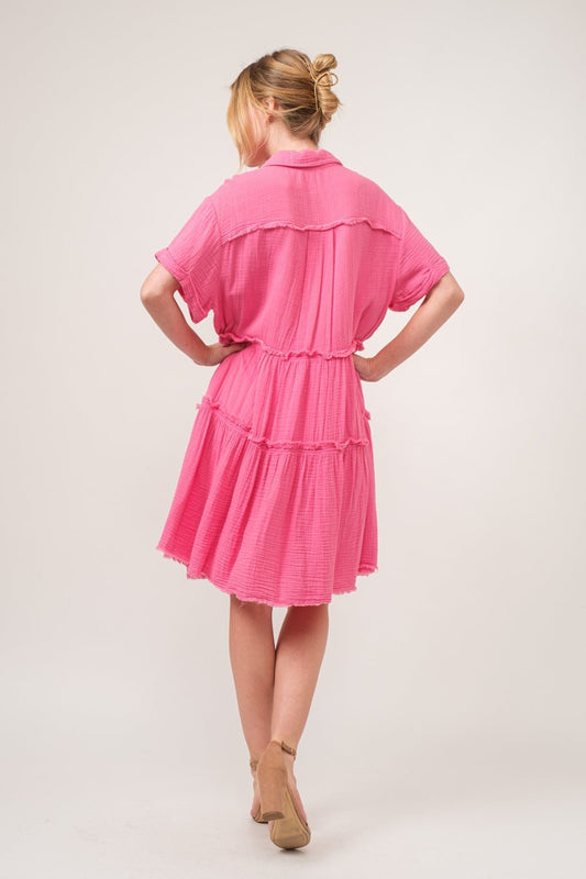 And the Why - Raw Edge Washed Cotton Tiered Knee - Length Shirt Dress in Pink