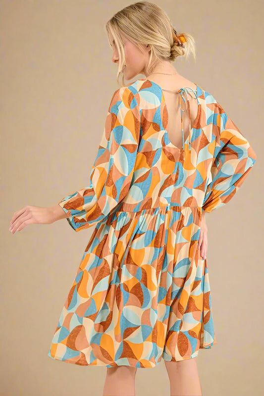 And the Why - Retro Geo Print Mini Dress in Rust & Sky Blue