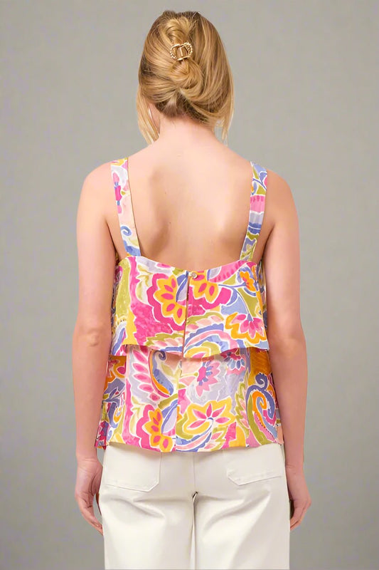 And the Why - Ruffle Overlay Tank Top – Pink & Chartreuse Paisley