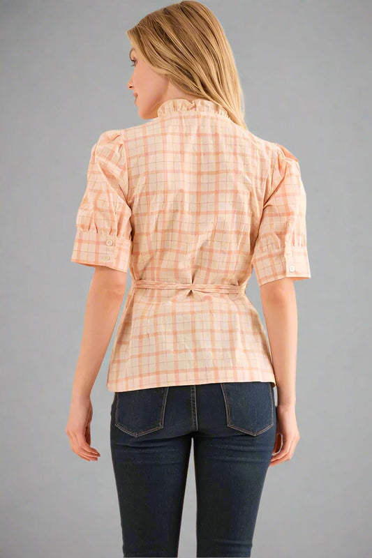 And the Why - Ruffle Trim Wrap Top in Soft Peach Plaid