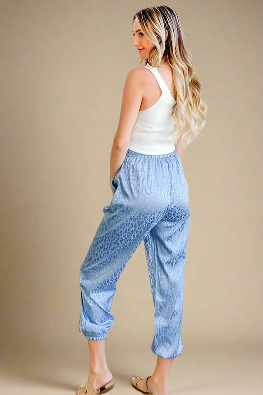 And the Why - Satin Leopard Drawstring Joggers – Dusty Blue