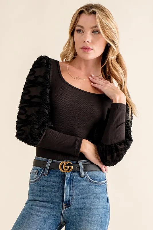 And the Why - Sheer Embroidered Sleeve Bodysuit in Black