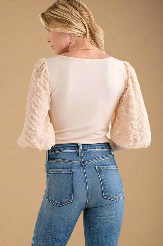 And the Why - Sheer Embroidered Sleeve Bodysuit in Champagne Ivory