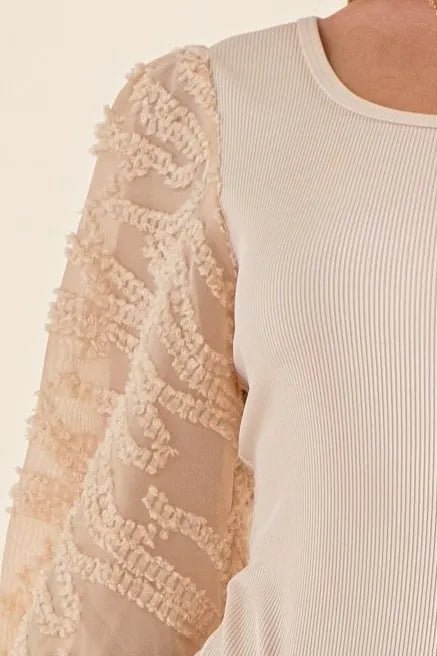 And the Why - Sheer Embroidered Sleeve Bodysuit in Champagne Ivory