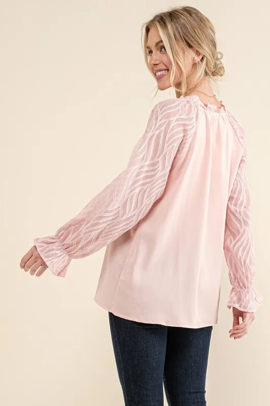 And the Why - Sheer Sleeve Tie - Neck Blouse – Blush Pink