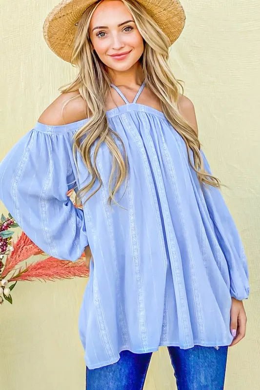 And the Why - Sky Blue Cold Shoulder Halter Top