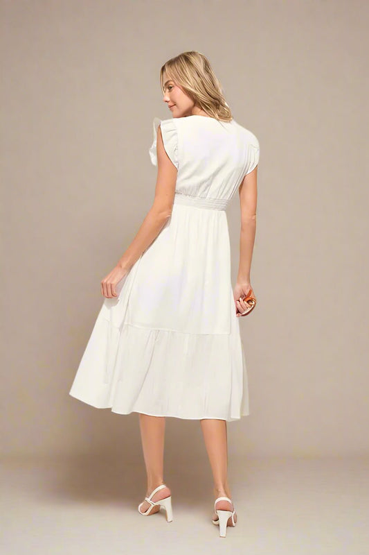 And the Why - Smocked Flutter Sleeve Midi Dress in Soft White