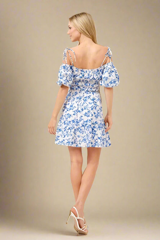And the Why - Smocked Off Shoulder Mini Dress in White & Cobalt Floral