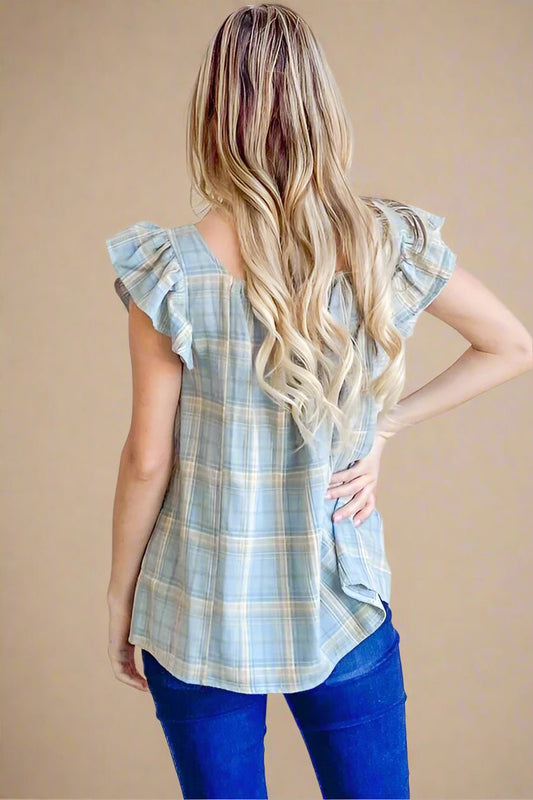 And the Why - Smocked Ruffle Sleeve Plaid Top in Soft Blue & Yellow