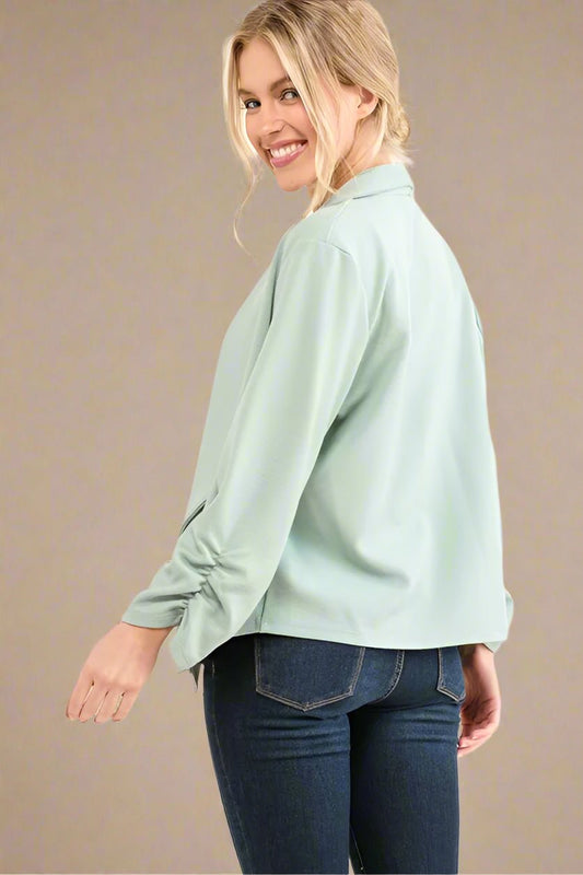 And the Why - Soft Sage Open Front Jacket with Ruched Sleeves