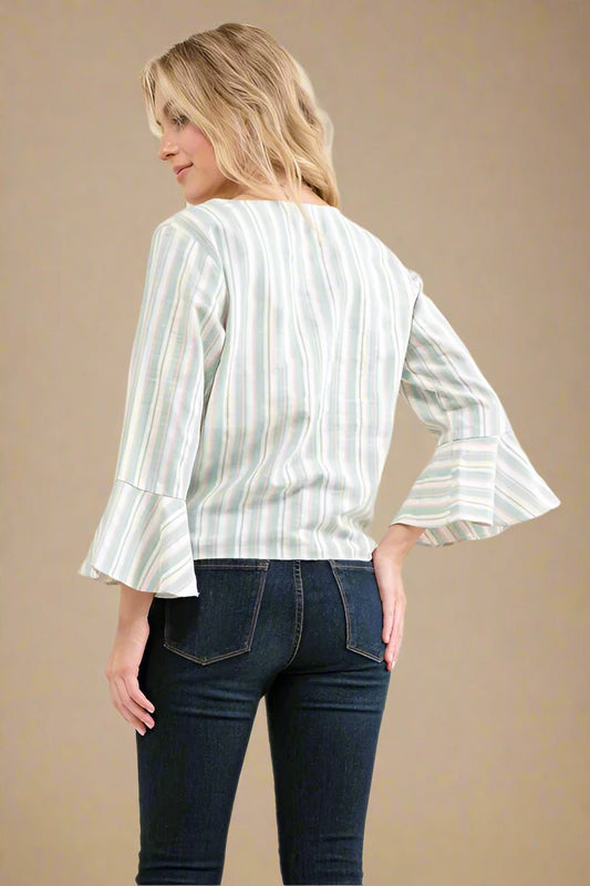 And the Why - Striped Tie - Front Blouse in Mint & Rose Stripe