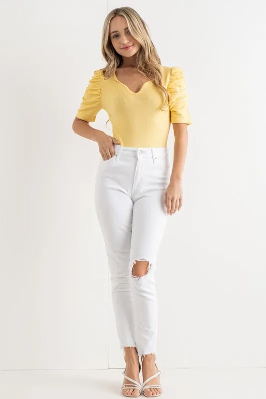 And the Why - Sunbeam Yellow Ruched Puff Sleeve Bodysuit