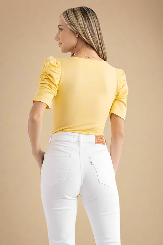 And the Why - Sunbeam Yellow Ruched Puff Sleeve Bodysuit