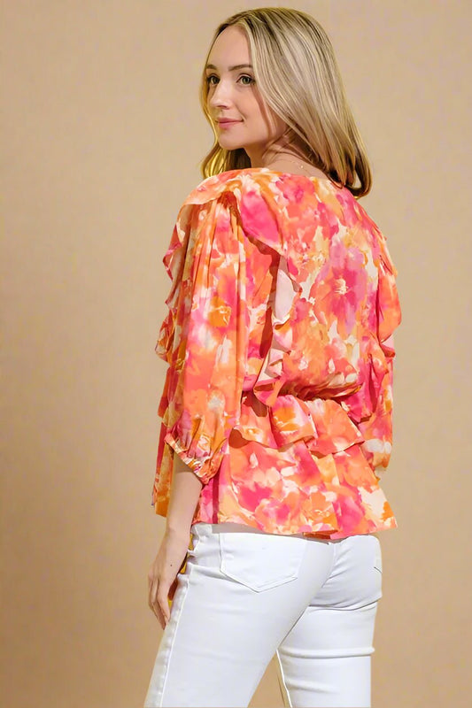 And the Why - Sunset Tie - Dye Ruffle Blouse in Pink Orange Mix