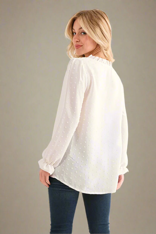 And the Why - Swiss Dot Ruffle Trim Button Blouse – Ivory