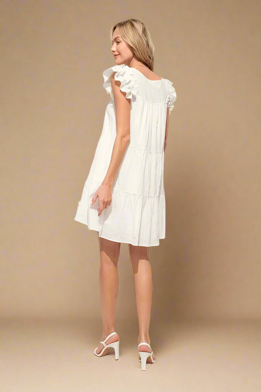 And the Why - Textured Babydoll Mini Dress in Crisp White