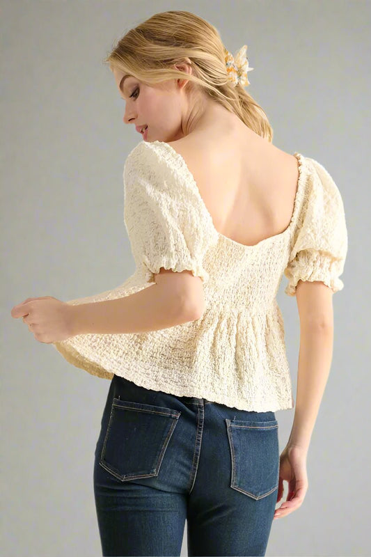 And the Why - Textured Puff Sleeve Peplum Top in Oatmeal Cream