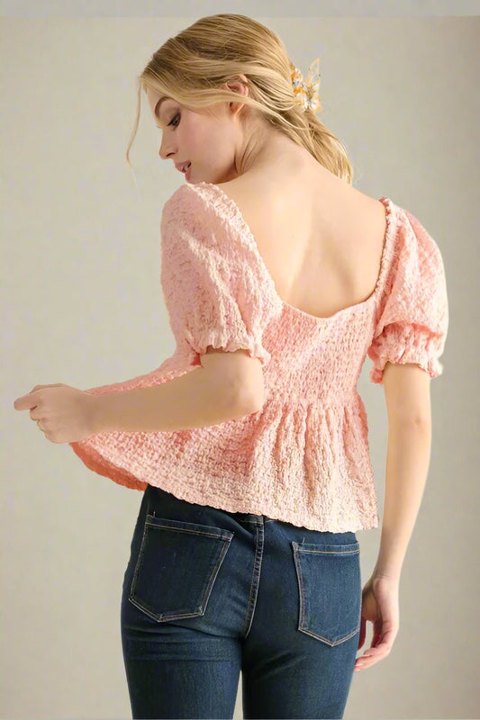 And the Why - Textured Puff Sleeve Peplum Top in Soft Blush Pink
