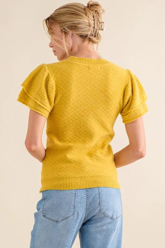And the Why - Textured Ruffle Sleeve Sweater Top in Mustard Yellow