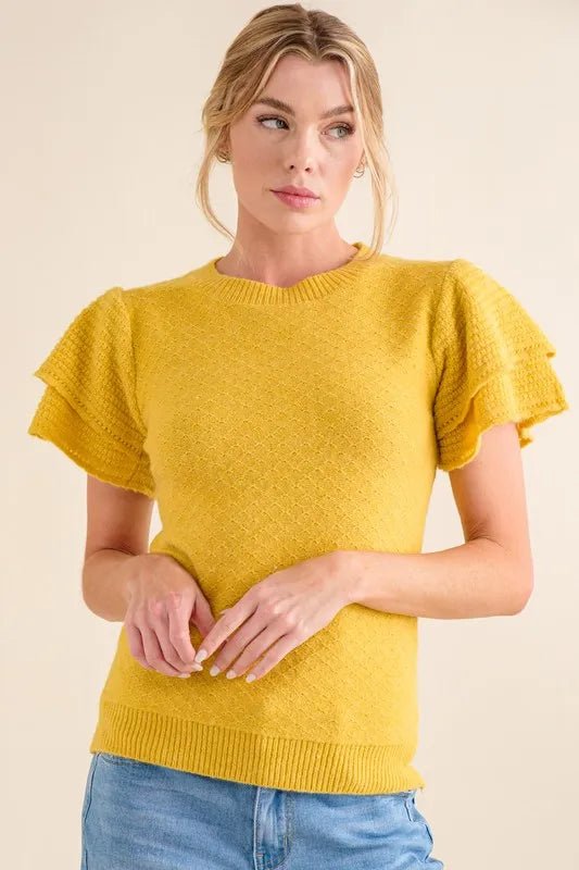 And the Why - Textured Ruffle Sleeve Sweater Top in Mustard Yellow