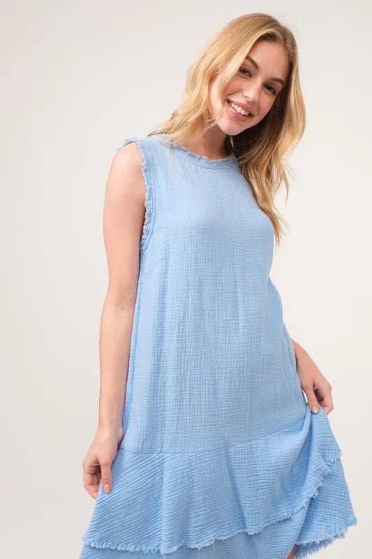 And the Why - Textured Sleeveless Tiered Dress in Sky Blue
