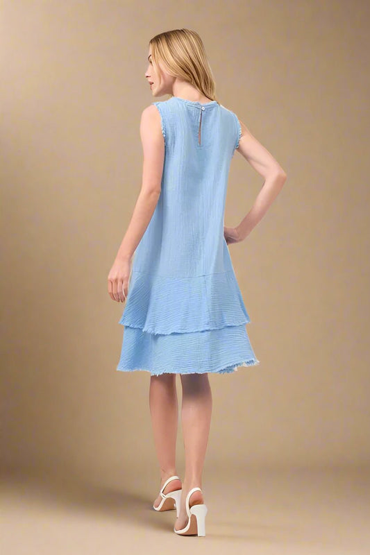 And the Why - Textured Sleeveless Tiered Dress in Sky Blue