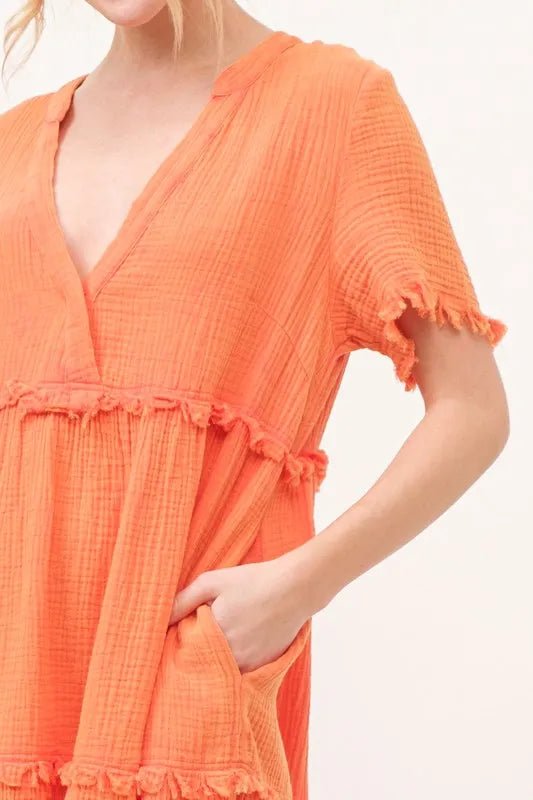 And the Why - Textured Tiered Mini Dress in Bright Tangerine