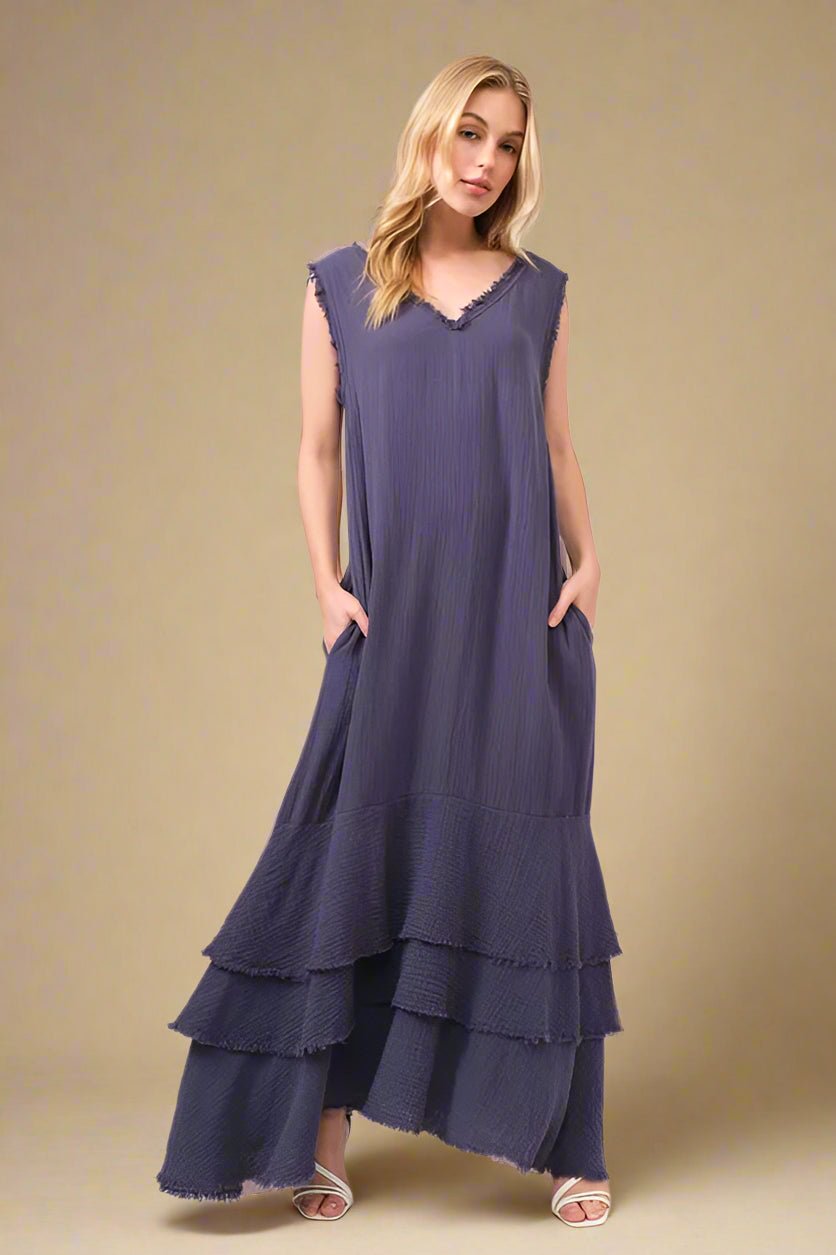 AND THE WHY Tiered Sleeveless Maxi Dress in Dusty Indigo – Beach Rose Co