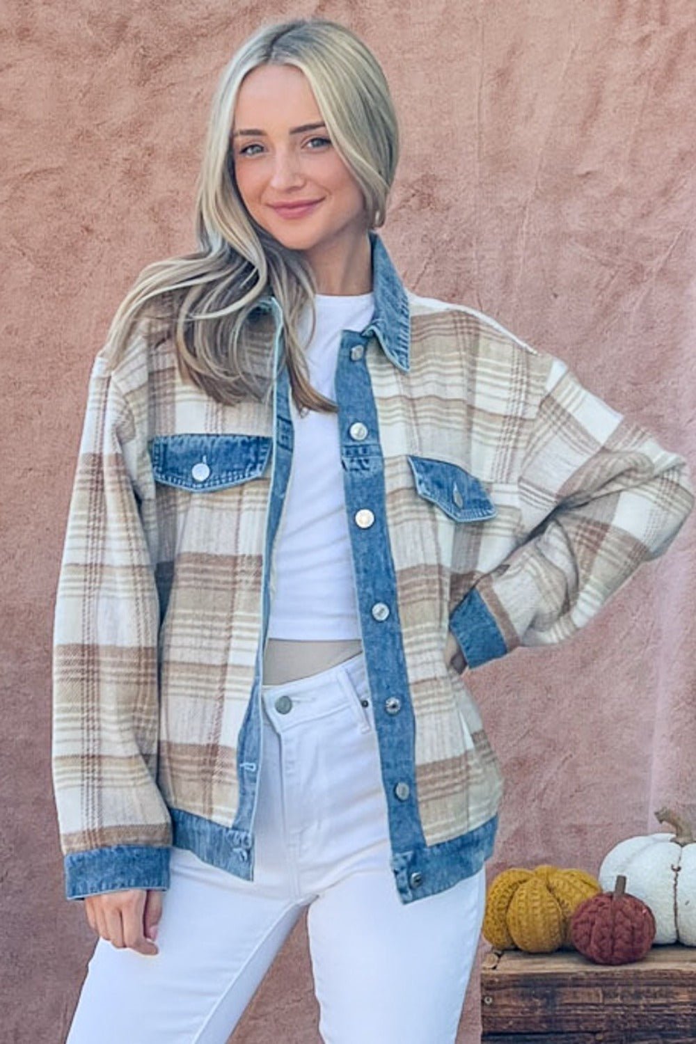 And the Why - Washed Denim Detail Brushed Plaid Jacket