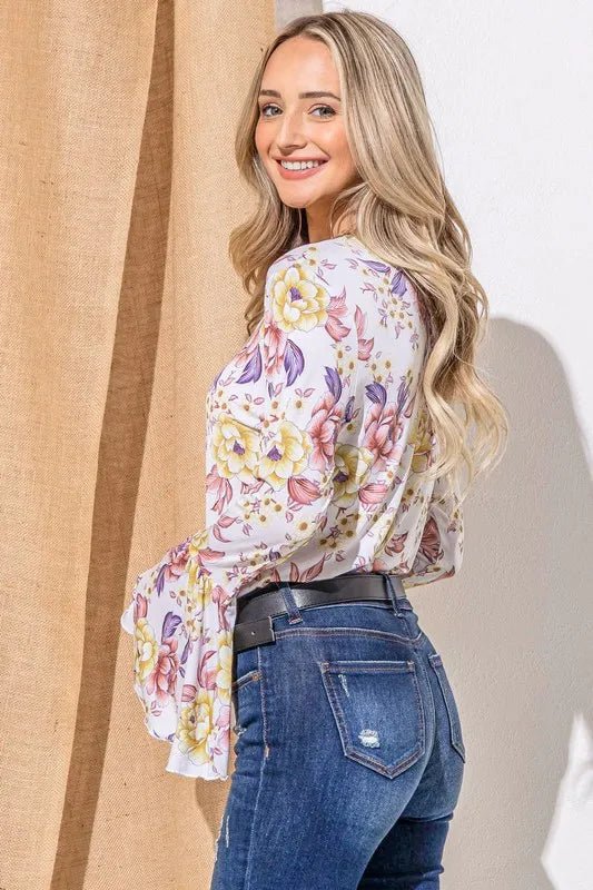 And the Why - Yellow Floral Bell Sleeve Blouse