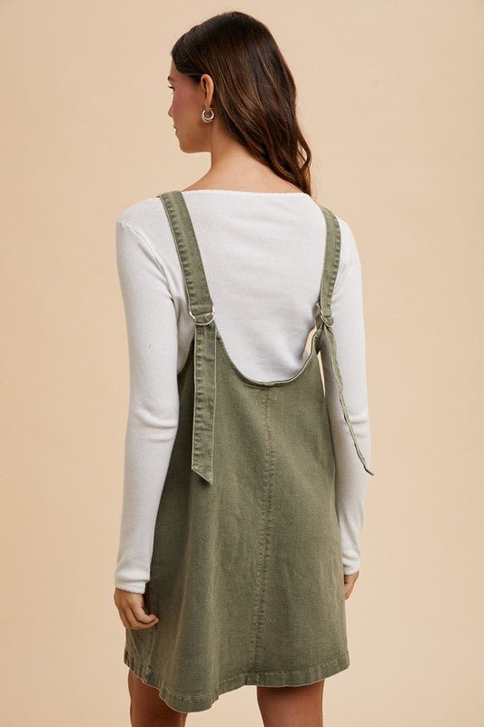 ANNIE WEAR - Army Green Denim Overall Mini Dress with Pockets