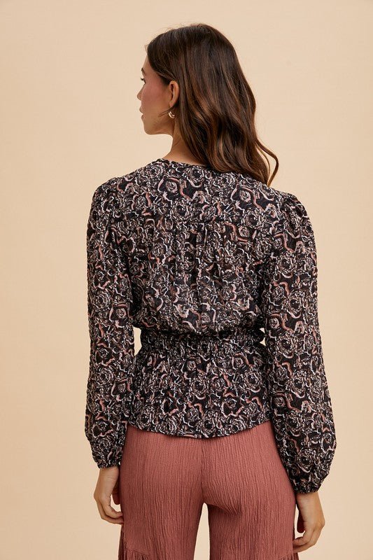 ANNIE WEAR - Black Abstract Print Peplum Blouse