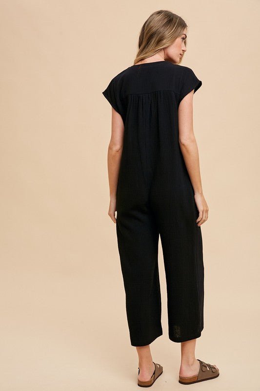 ANNIE WEAR - Black Button Detail Wide Leg Jumpsuit