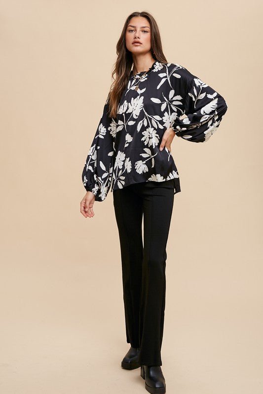 ANNIE WEAR - Black Floral Print Long Sleeve Blouse