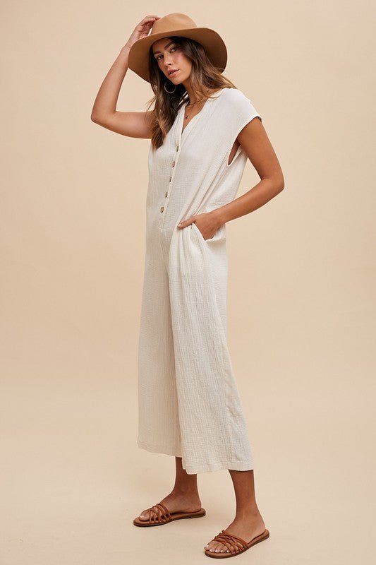 ANNIE WEAR - Button Detail Wide Leg Jumpsuit in Cream