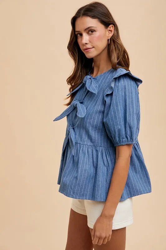ANNIE WEAR - Chambray Blue Pinstripe Tie - Front Top