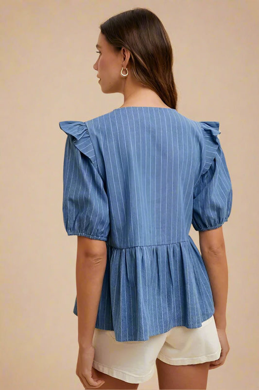 ANNIE WEAR - Chambray Blue Pinstripe Tie - Front Top