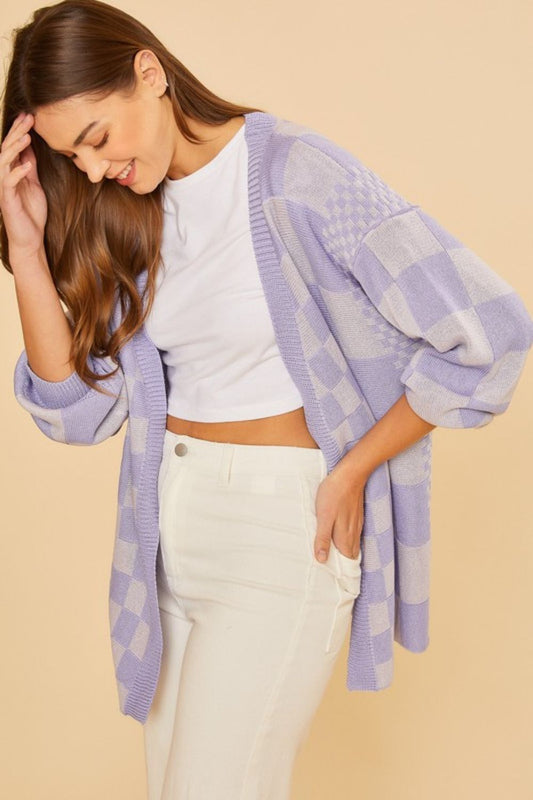 ANNIE WEAR - Checkered Open Front Cardigan in Lavender