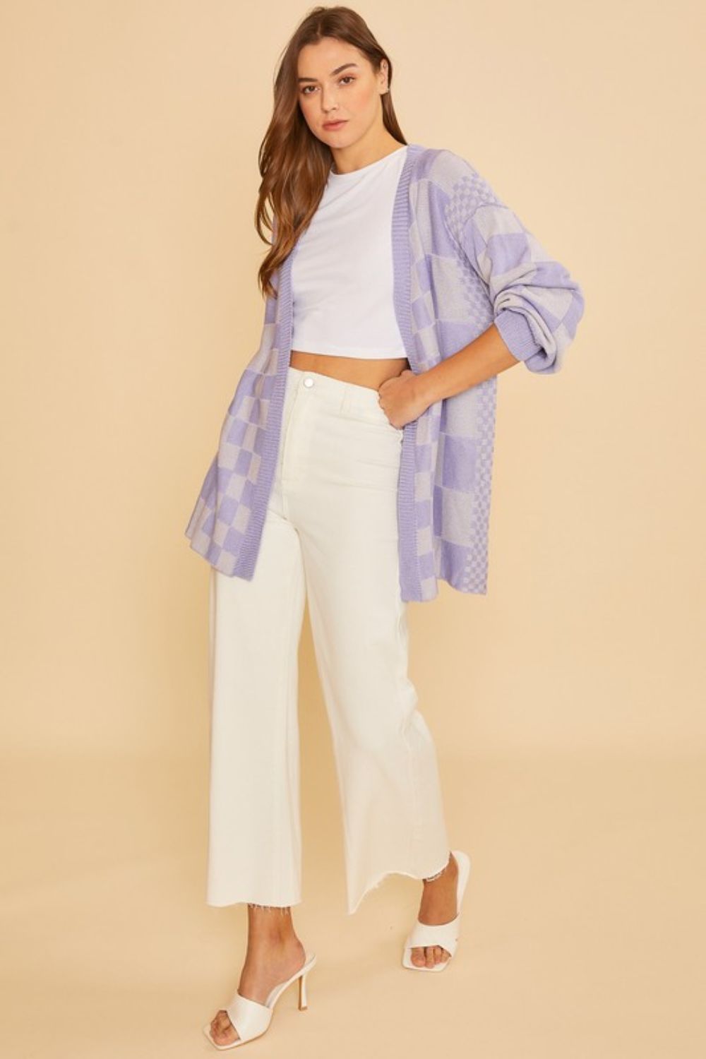 ANNIE WEAR - Checkered Open Front Cardigan in Lavender