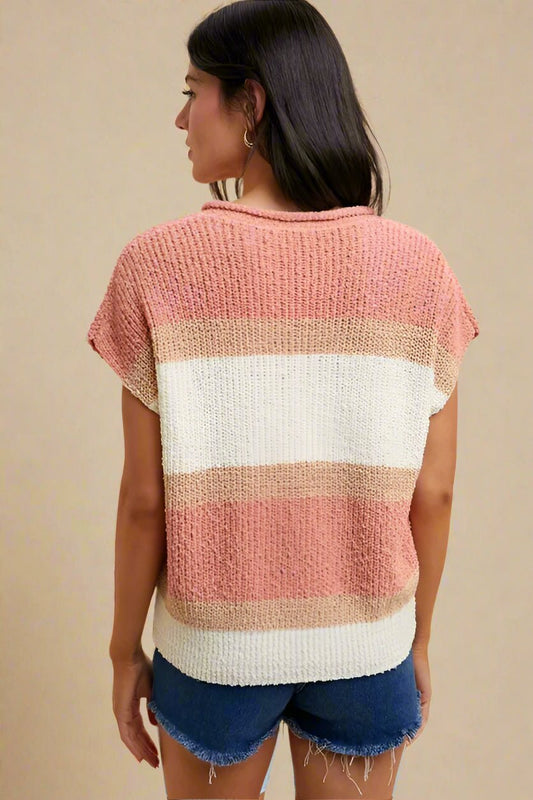 ANNIE WEAR - Colorblock Knit Short Sleeve Sweater in Rosewood Mix